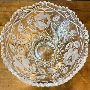 VTG Lead Crystal Clear Industries MCM Sawtooth Rim Rose Pedestal Bowl Candy Dish